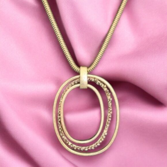 Signed Baer SF Goldtone Chain Necklace, 34" – Oval Metal Hoops with Rhinestones - Picture 1 of 5